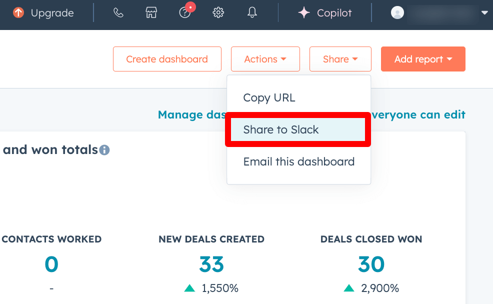 23. Choosing to share a HubSpot sales dashboard to Slack