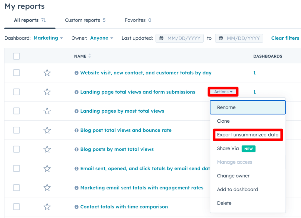 26. Choosing to export a HubSpot marketing report in spreadsheet format