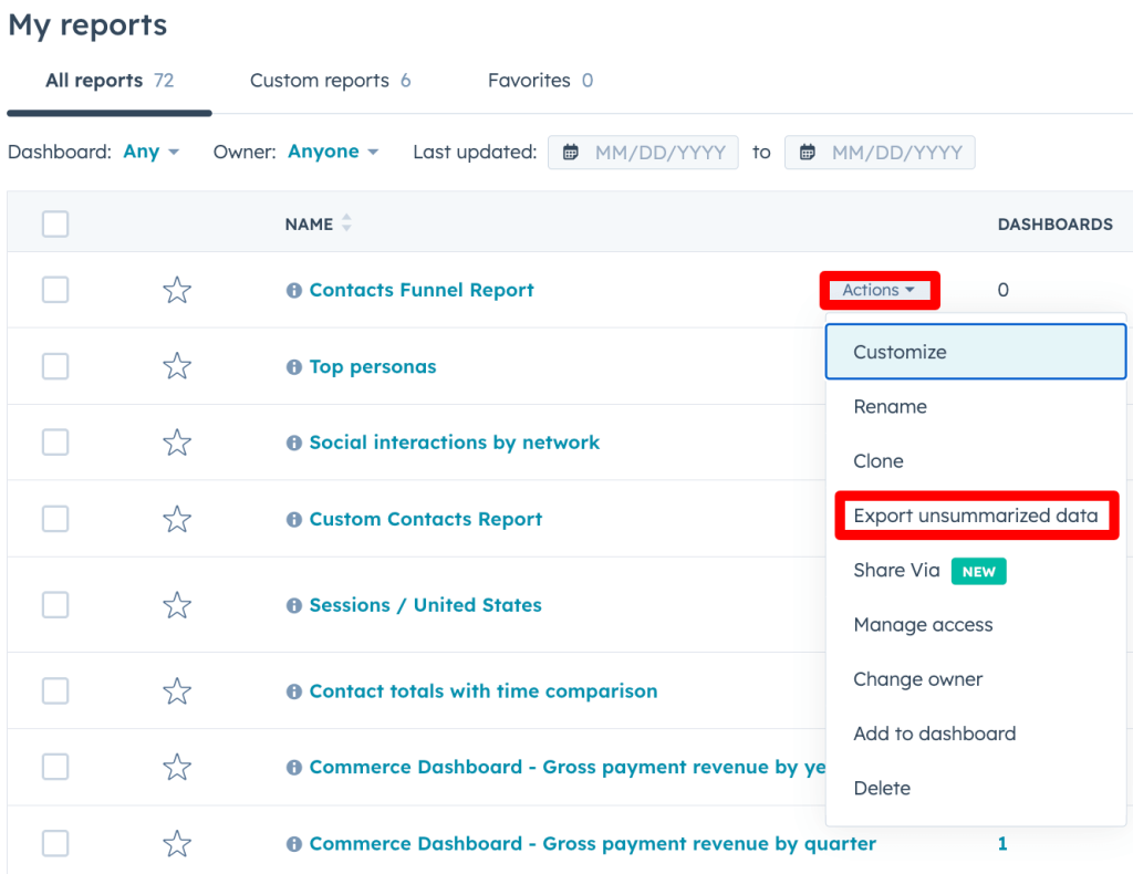 28. Choosing to export a HubSpot funnel report in spreadsheet format