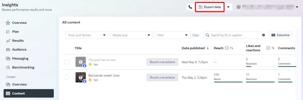 3.5 facebook page content data export data