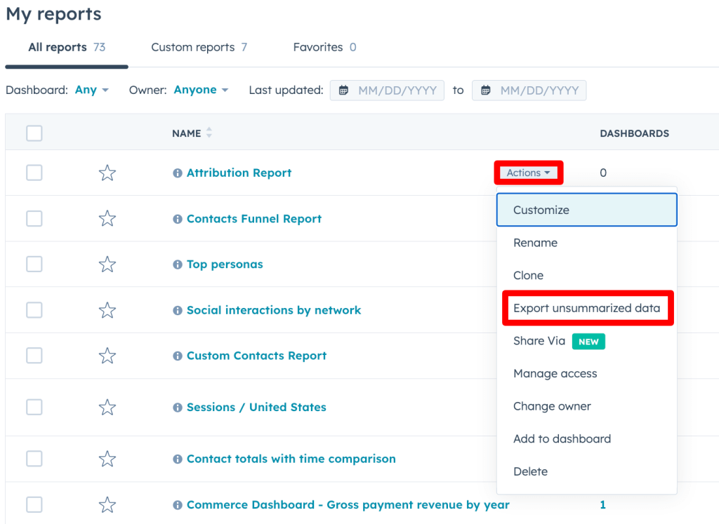 30. Choosing to export a HubSpot attribution report in spreadsheet format