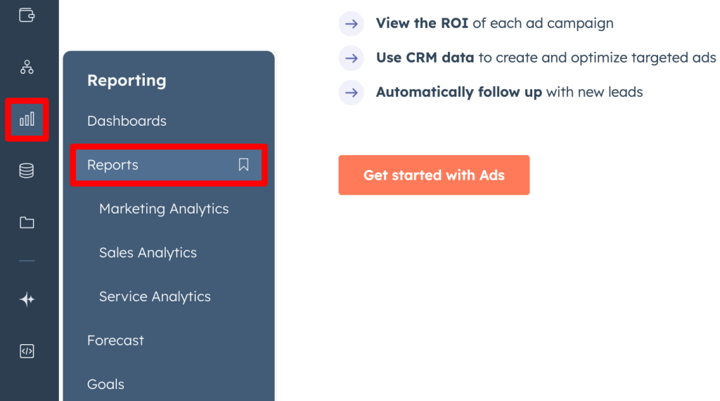 7. Navigating to the Reports section in HubSpot