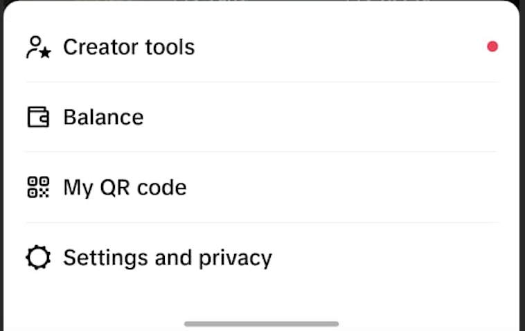 Configurações do menu tiktok