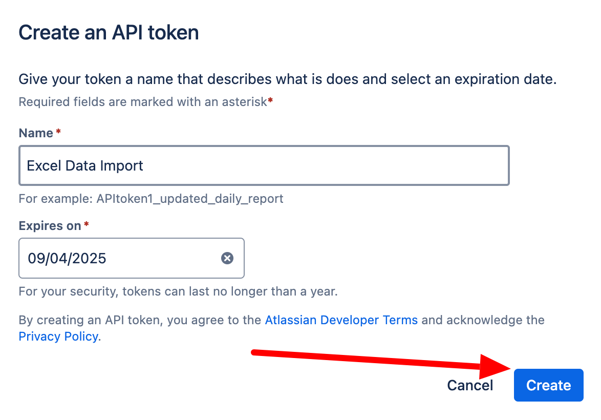 9. Specifying the name and expiration date for the API token being created on Atlassian