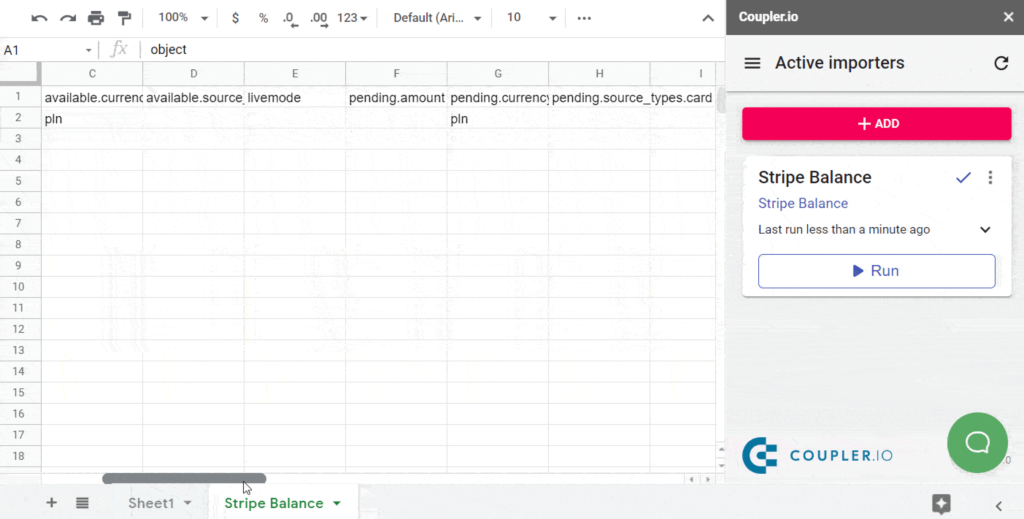 9.2. Exporting data from Stripe to Google Sheets via the API right in the spreadsheet by using the Coupler.io addon