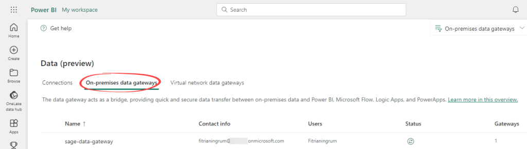 Figure 6.9. The installed gateway in the Power BI service