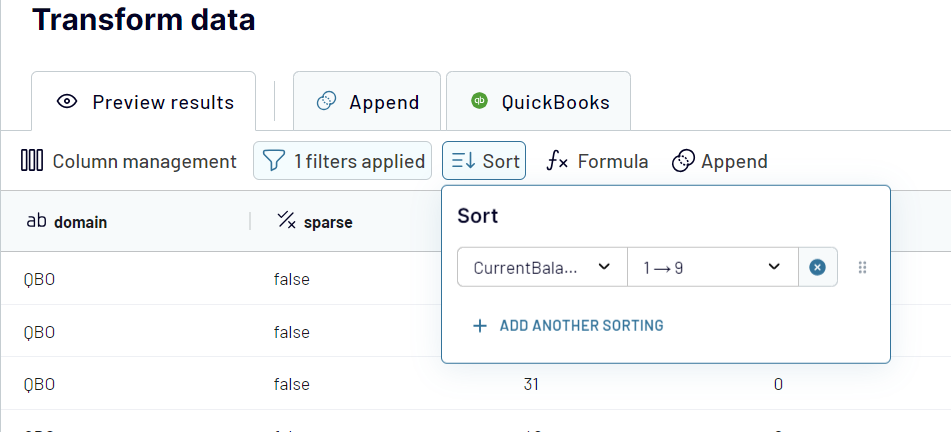 QuickBooks sort data