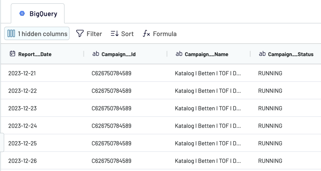 BigQuery to Google Sheets transform query