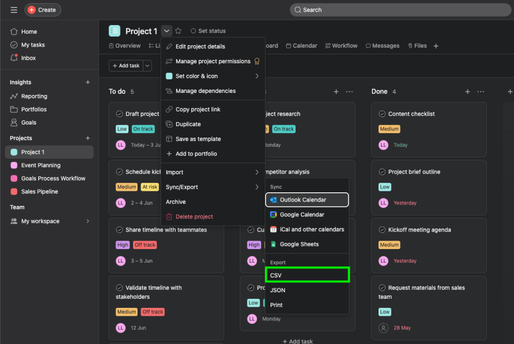 1 board view asana export