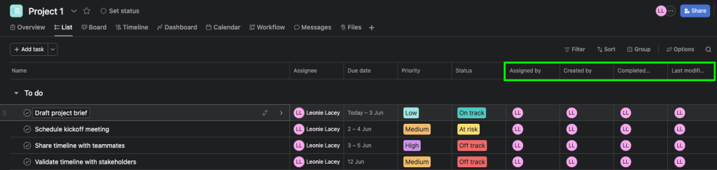1 history asana export