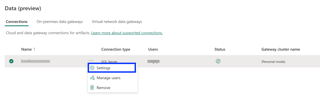 9 connection settings in power bi service
