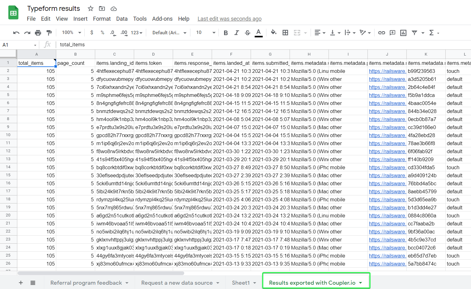 Datos de Typeform en Google Sheets