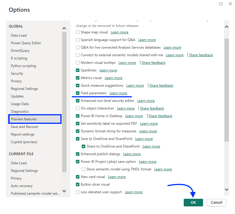 1 enable power bi field parameters