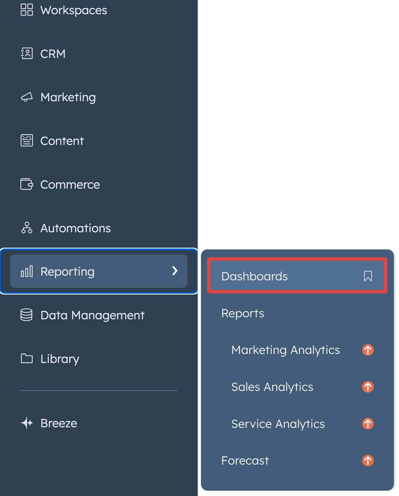 1. Navigating to Dashboards in the HubSpot UI