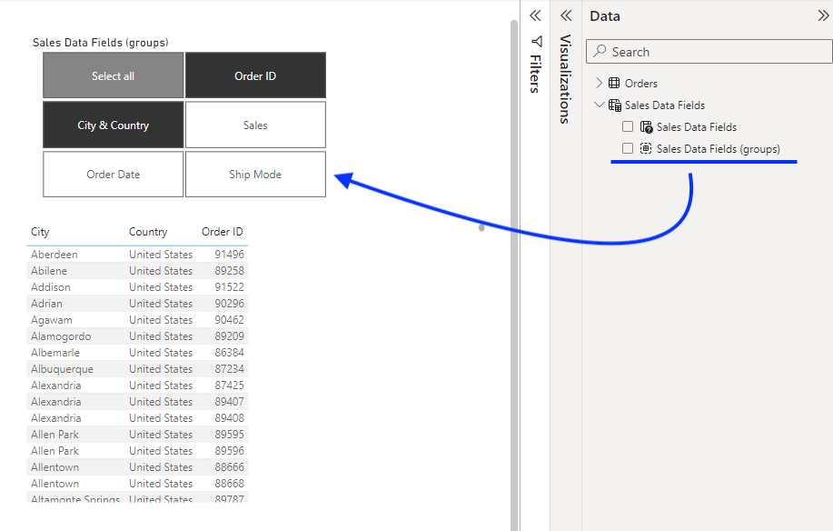 11 column groups in parameter fields in power bi
