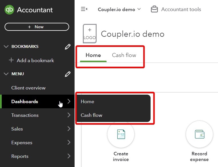 onglets du tableau de bord intégré à quickbooks