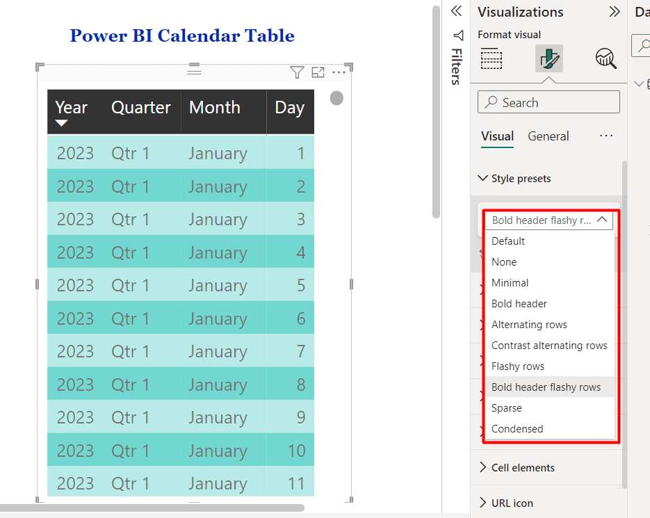 21 calendar table style preset
