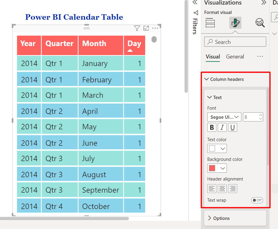24 calendar table header customization