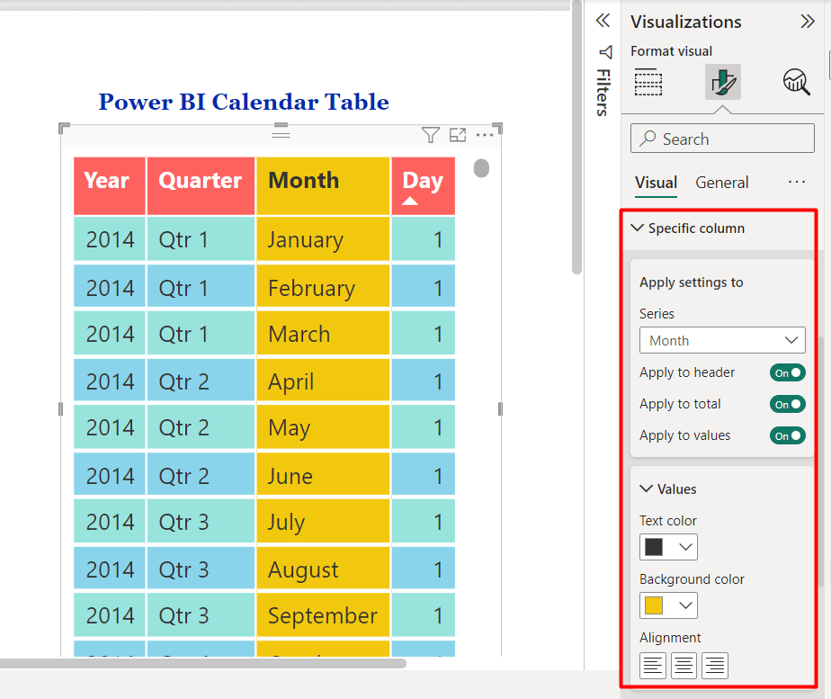 26 calendar table specific column