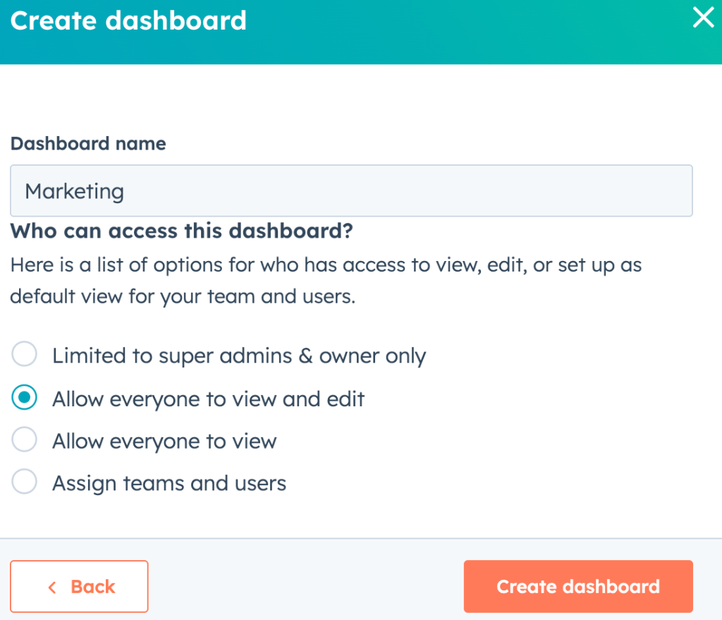 3.1. Naming the dashboard and granting access in the HubSpot UI