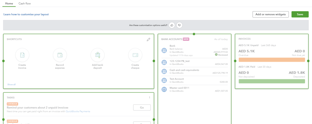 4. quickbooks built in dashboard customize