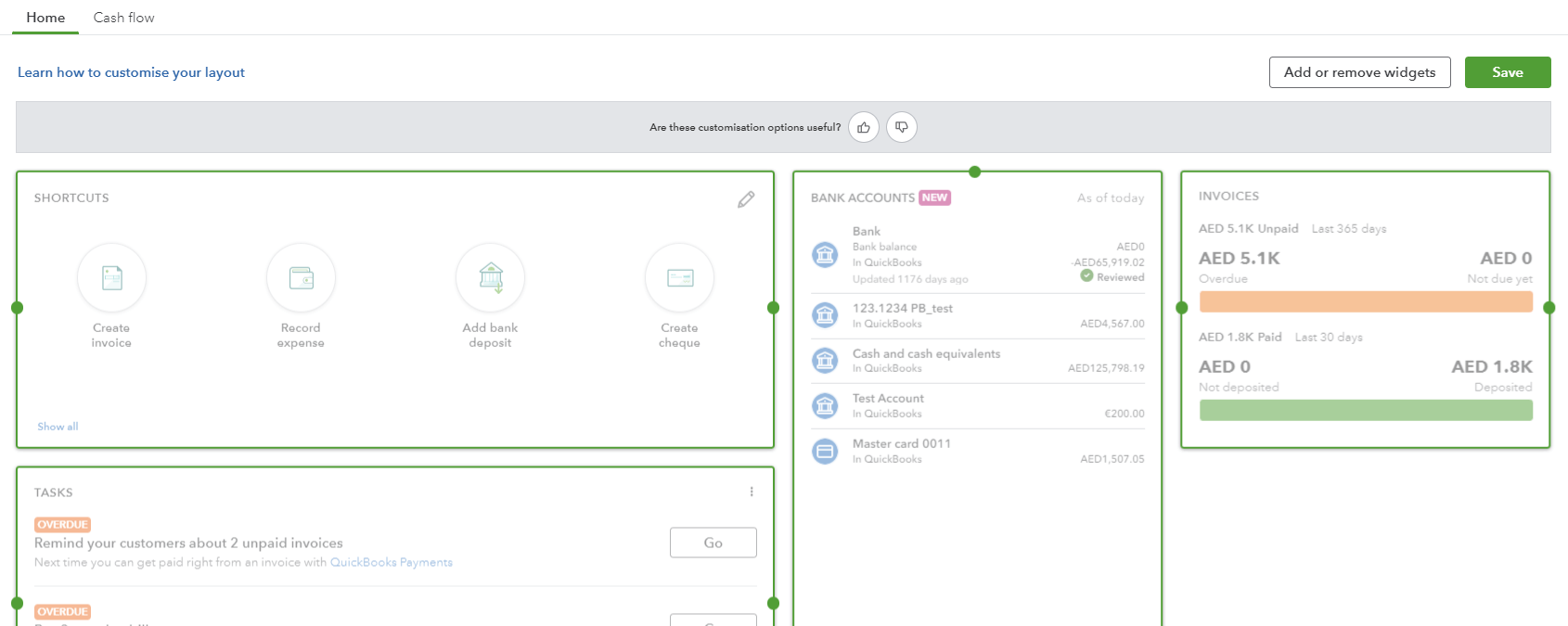 personnalisation du tableau de bord intégré à quickbooks