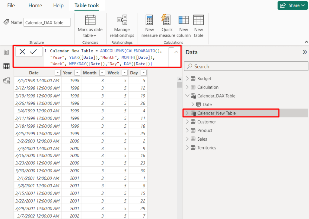 7 calendar auto new dax table