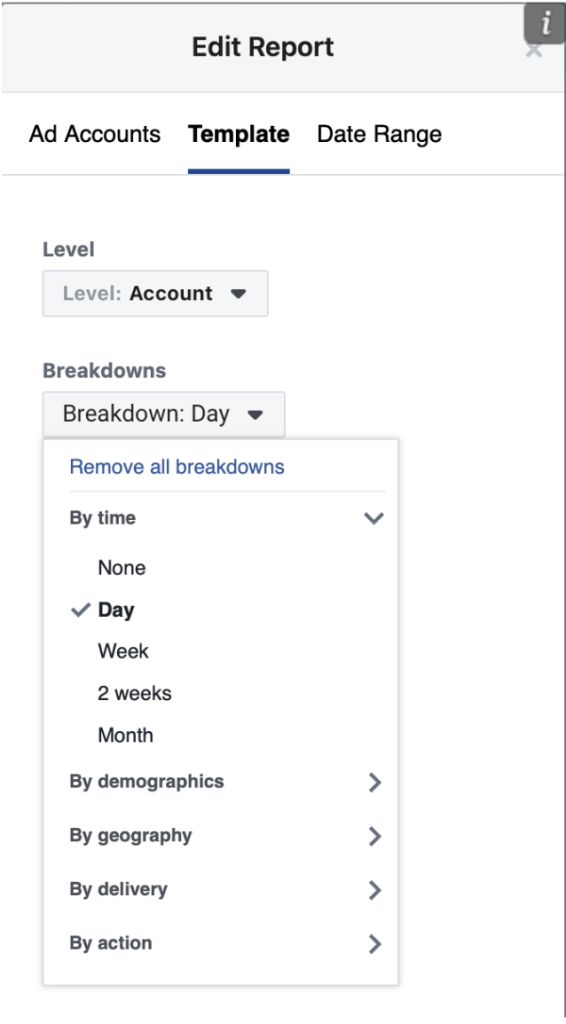 7. Facebook Ads Manager for Excel an add in by Meta report settings