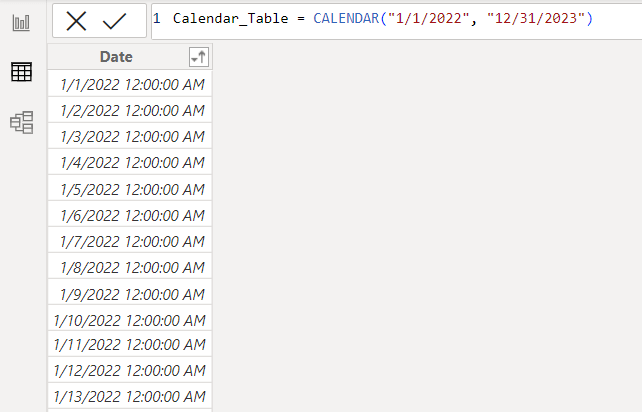 8 calendar dax custom table