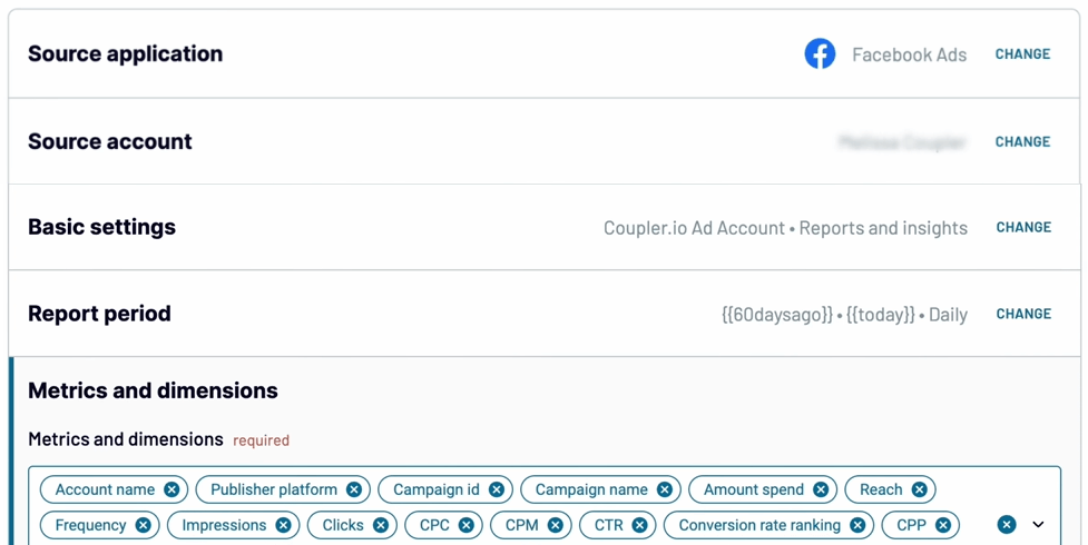 Figure 2.1. Coupler.io data source setup Facebook Ads