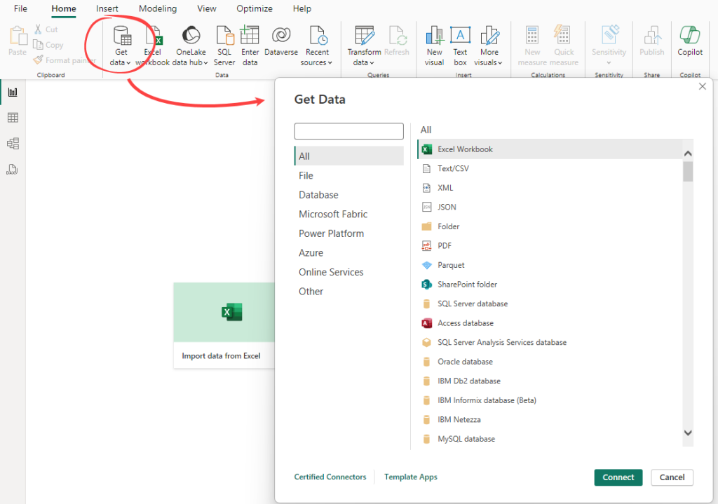Figure 3.1.1. The Get data option in Power BI
