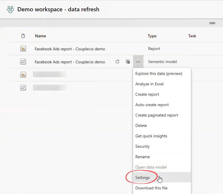 Figure 3.2.1. The semantic model s setting menu