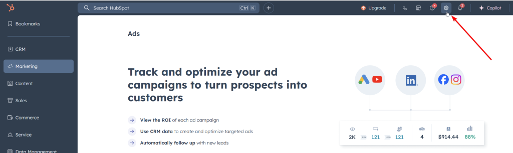 HubSpot settings menu