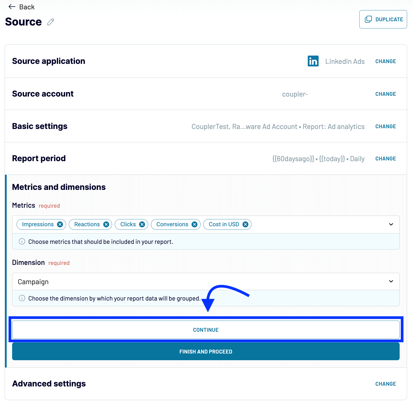 exportar la configuración de la fuente de datos de linkedin ads