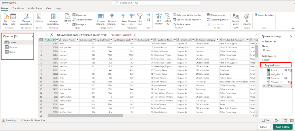10 applied steps in power bi