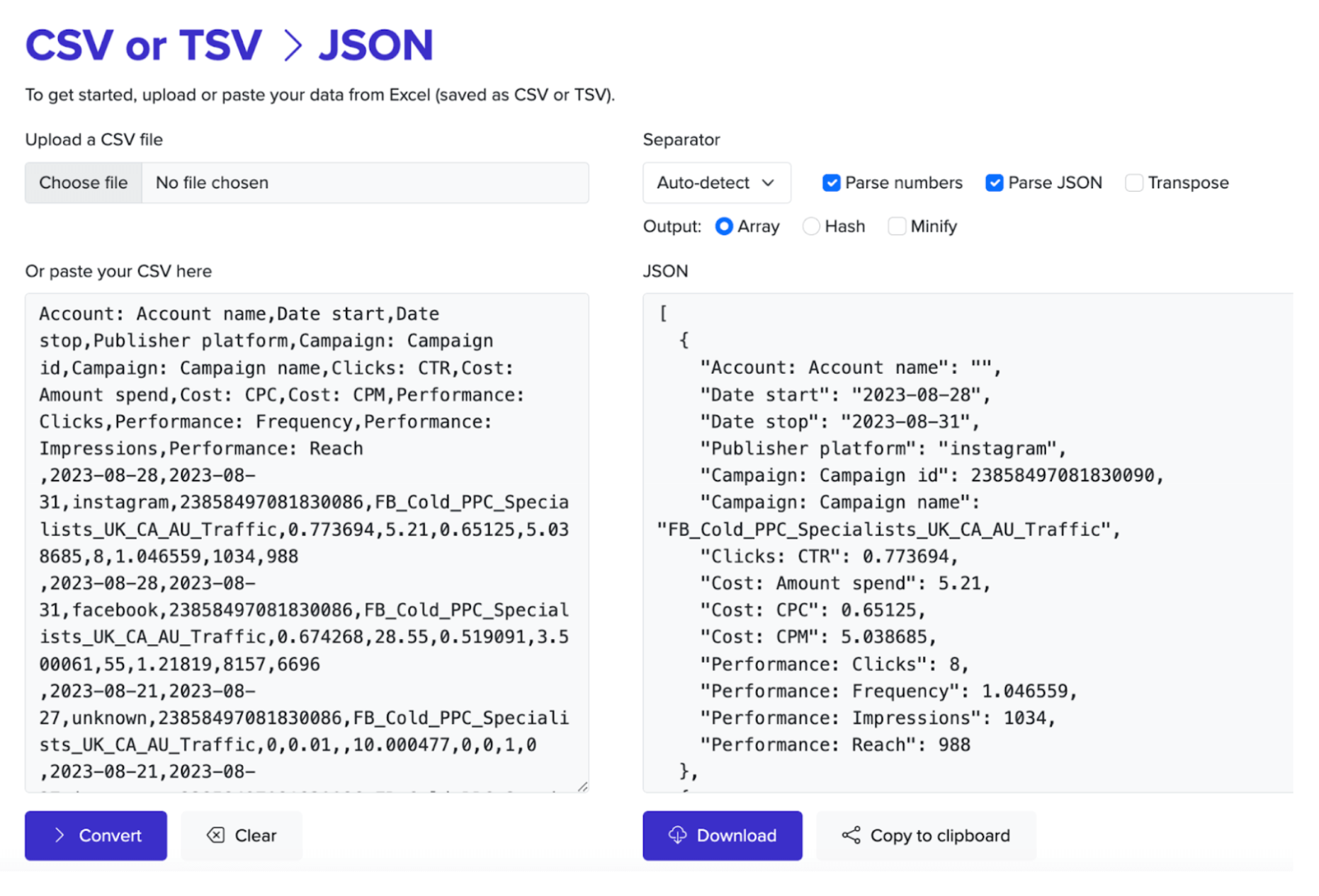 convertir el archivo CSV en código JSON