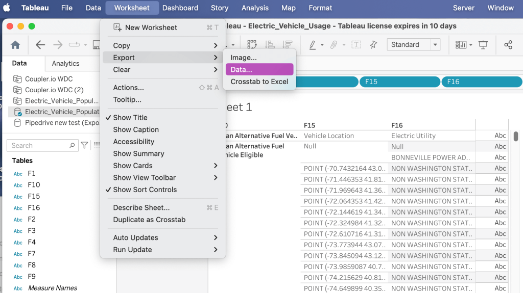 15. Export Tableau to Google Sheets manually