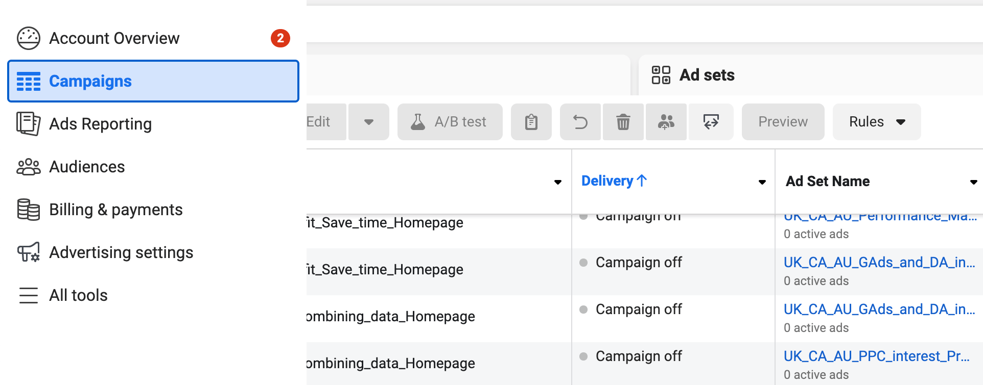 7 Ads Manager sidebar menu