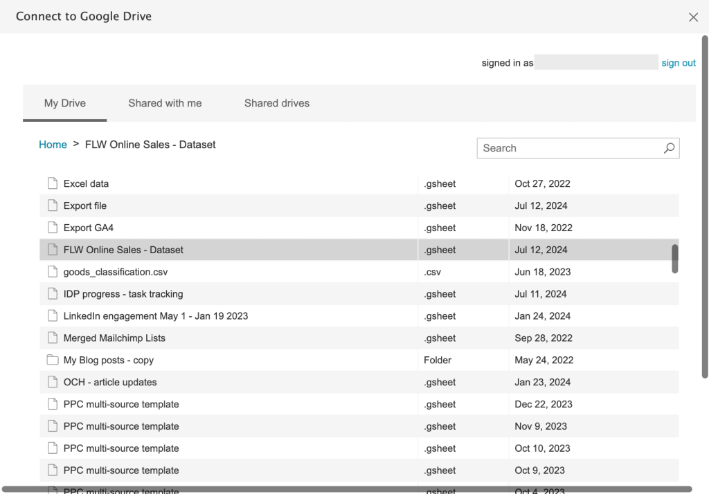 9. Select the Google Sheets workbook