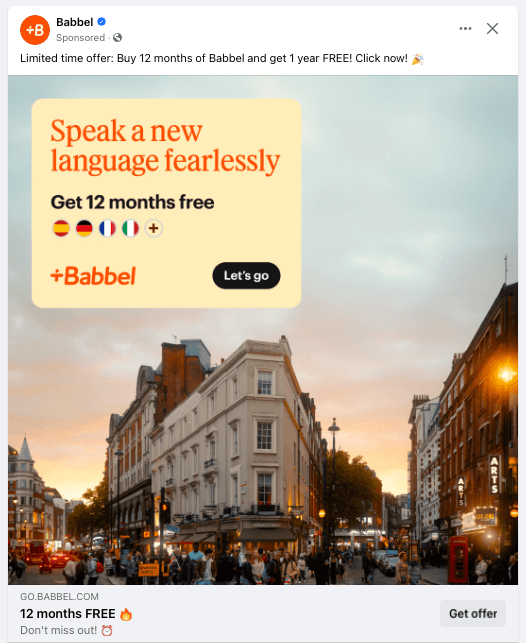 Image of a feacbook ad for Babbel, offering a limited time offer