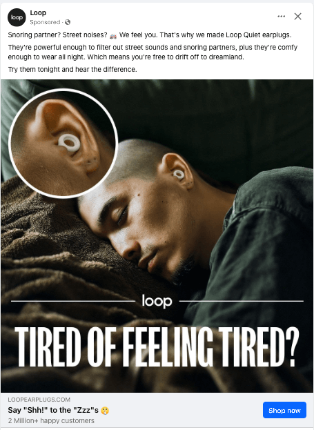 Image of a man sleeping with a Loop earpod in his ear. Shown in facebook ad format