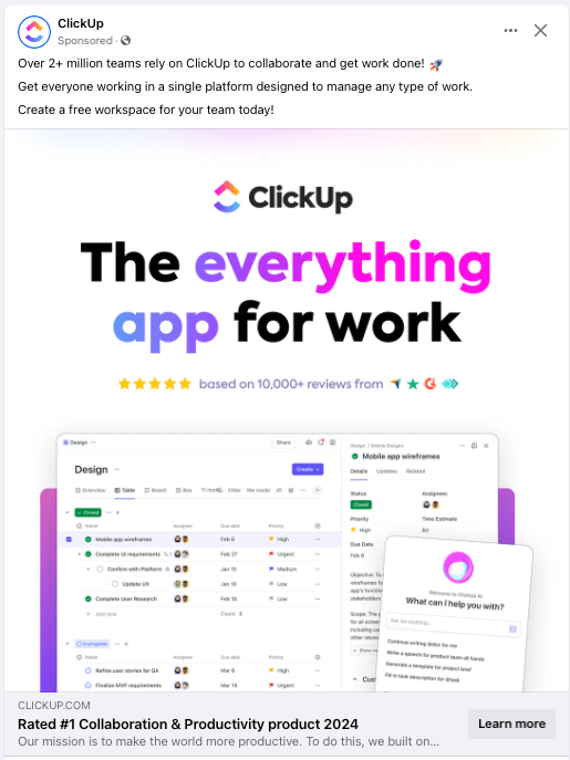 Image of a ClickUp interface, displayed in a Facebook ad format