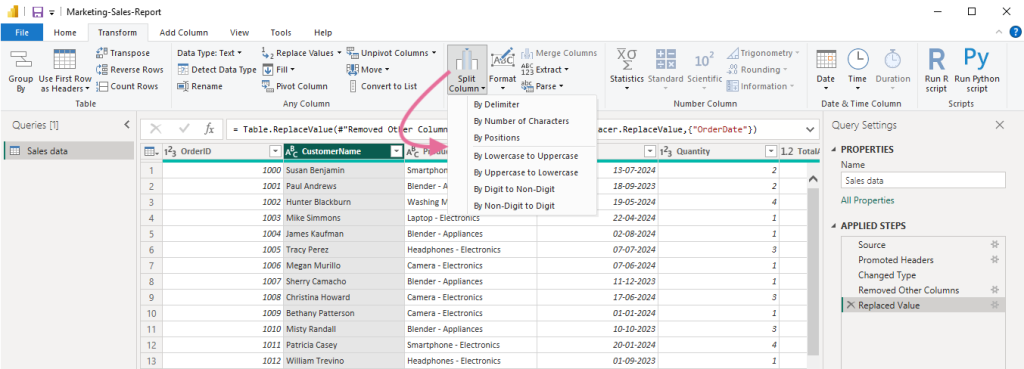 14 split columns in power bi data transformation
