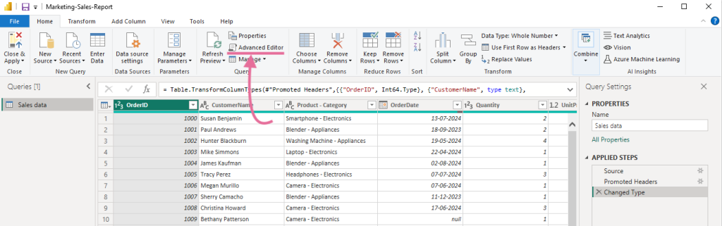 19 select advanced editor in power query