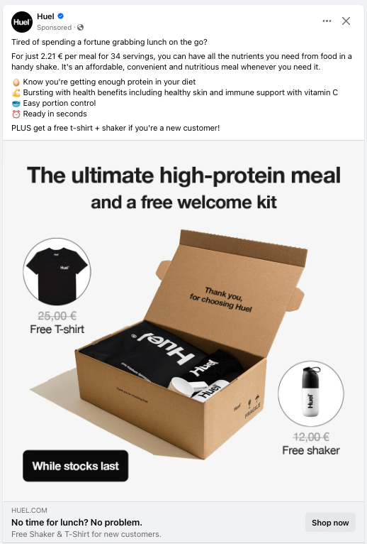 Image of a Huel facebook ad, with a gift box and photos of a tshirt and shaker