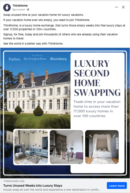 Image of a home swapping company, showing photos of an expensive home, in a Facebook ad format