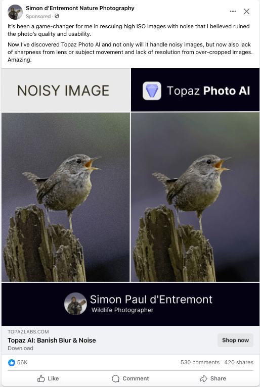 Image of a two birds displayed side-by-side in a Facebook ad for a photography company