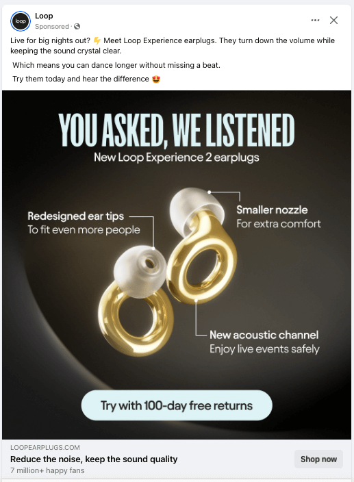 Image of a Loop ad shown on a facebook feed