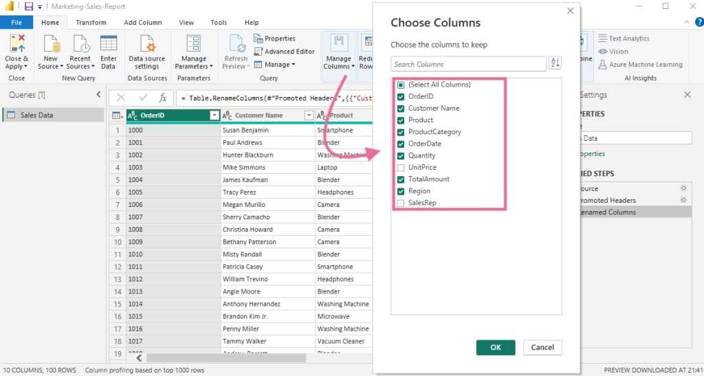 5 remove columns for data transformation power bi