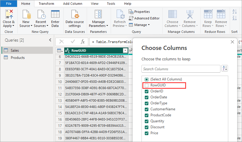 Figure 3.2. Filtering columns